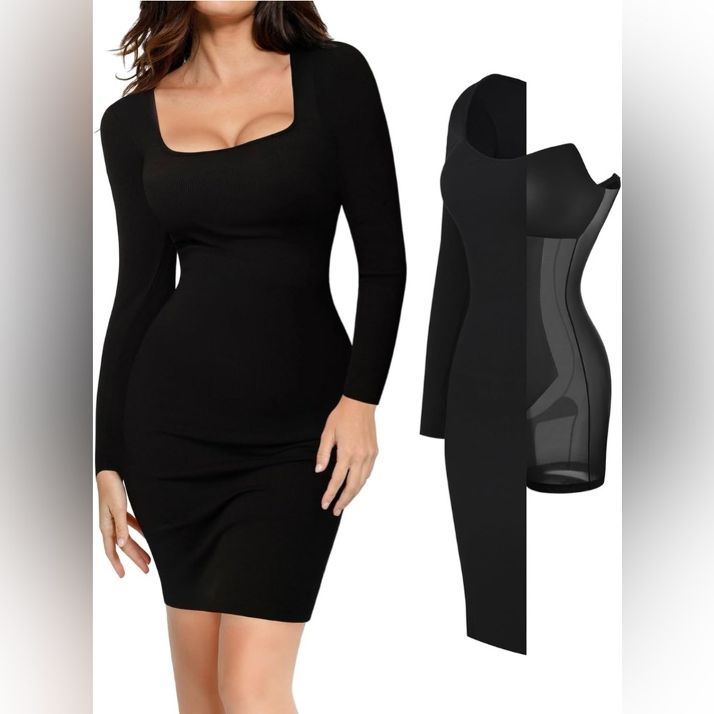 Popilush Long Sleeve Midi Dress Bodycon Shapewear Tummy Control Built-in Bra
